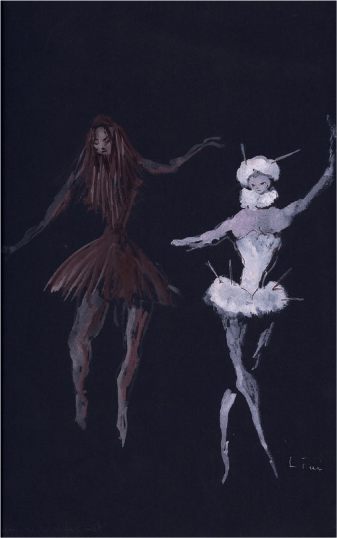 Costumes de théâtre pour « Demoiselles de la nuit » par Leonor Fini, gouache sur papier noir, 1948