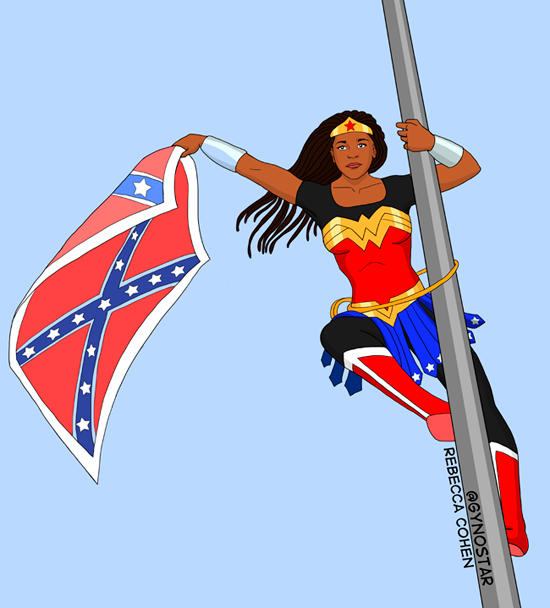Bree Newsome dessinée par Rebecca Cohen, la femme qui a décroché le drapeaux des États confédérés d'Amérique devant le parlement de Caroline du Sud à Colombia, samedi 27 juin 2015. ©