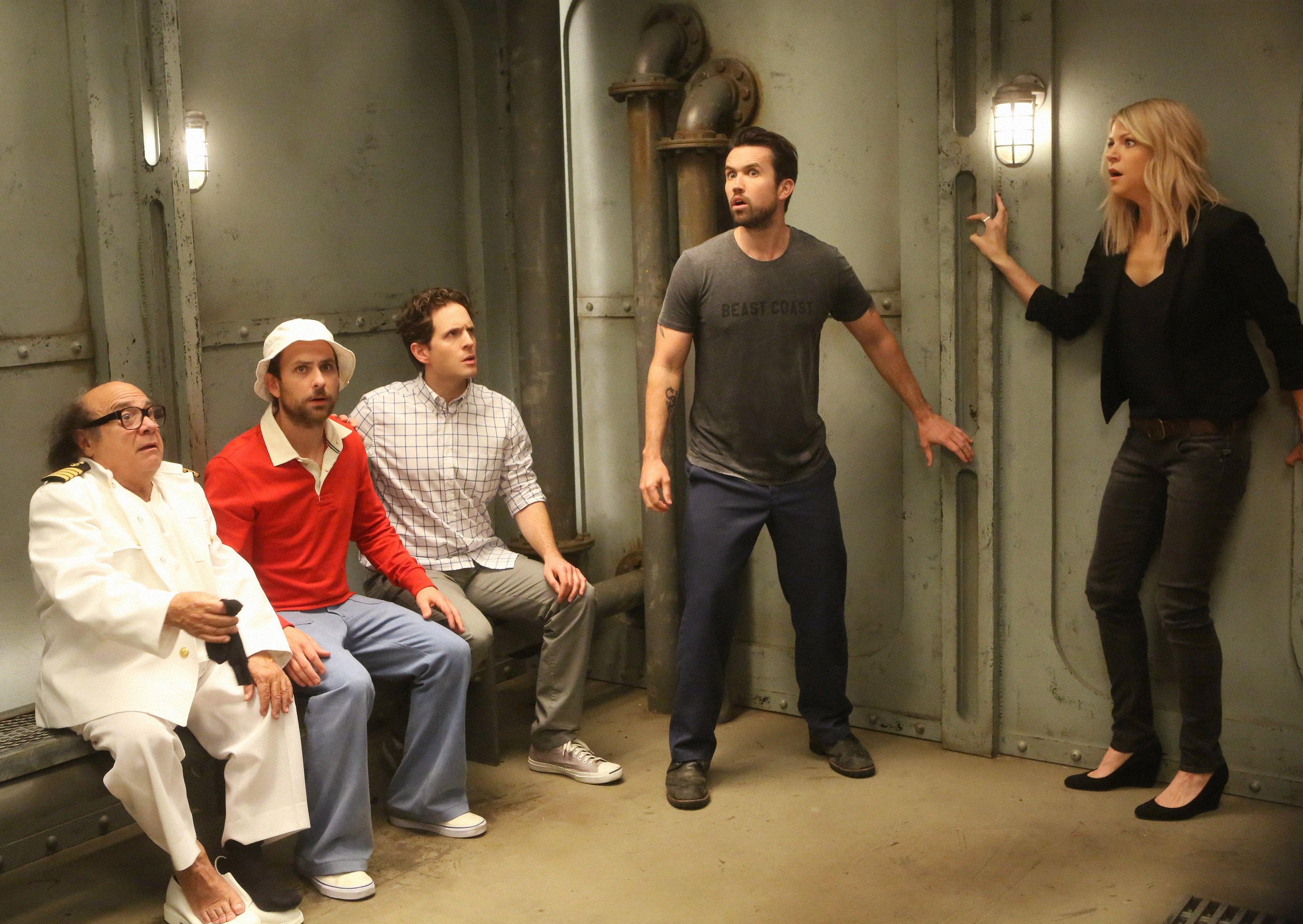 IT'S ALWAYS SUNNY IN PHILADELPHIA -- "The Gang Goes To Hell: Part 2" -- Episode 1110 (Airs Wednesday, March 9, 10:00 pm e/p) Pictured: (l-r) Danny DeVito as Frank, Charlie Day as Charlie, Glenn Howerton as Dennis, Rob McElhenney as Mac, Kaitlin Olson as Dee. CR: Patrick McElhenney/FX